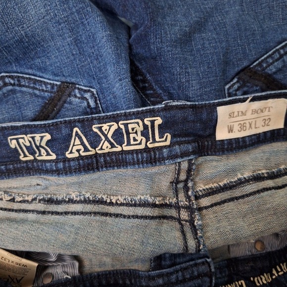 TK Axel Slim Boot Cut Jeans Mens Dark Blue Wash Tag 36x32 Measured 36 X 30 - Picture 7 of 8